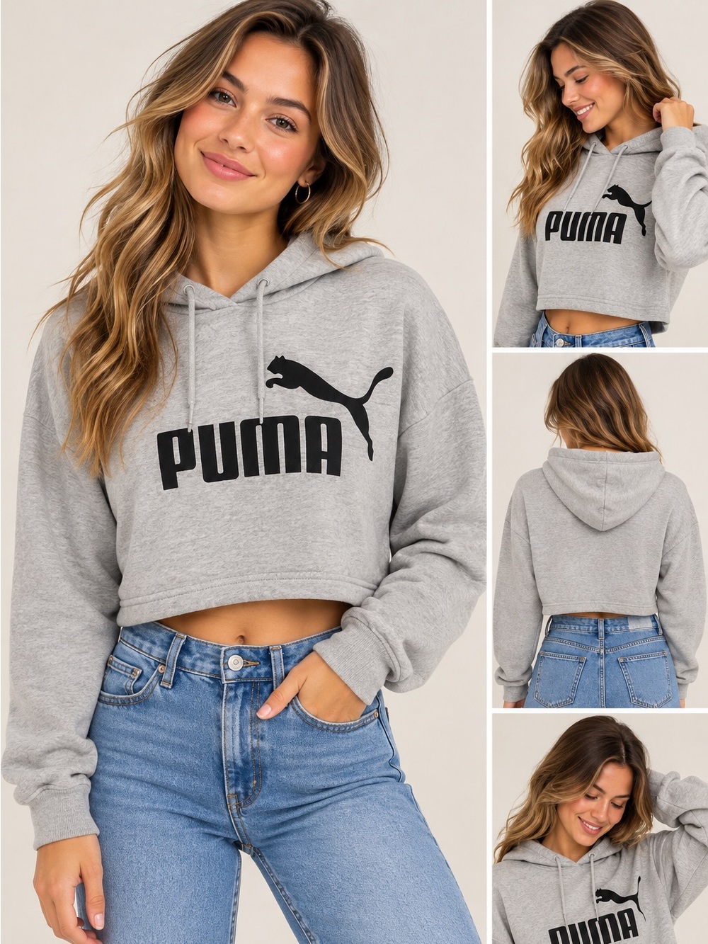 Puma Light Gray Cropped Hoodie with Black Logo